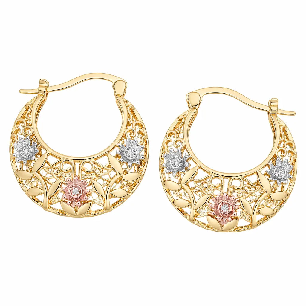 Women's Tri-Color Floral Filigree Hoop Earrings, 14K Gold Plated Vintage Hollow Flower Drop Earrings.