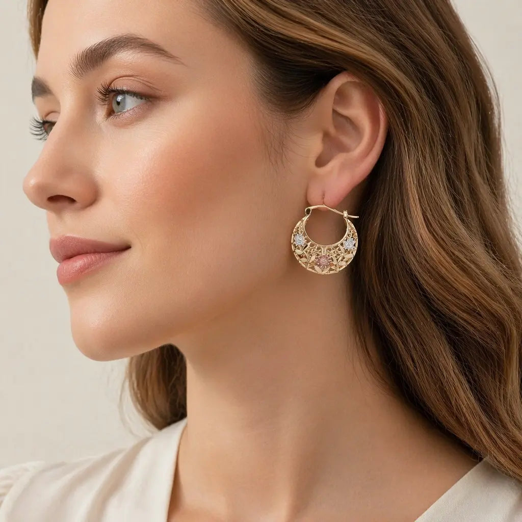 Women's Tri-Color Floral Filigree Hoop Earrings, 14K Gold Plated Vintage Hollow Flower Drop Earrings.