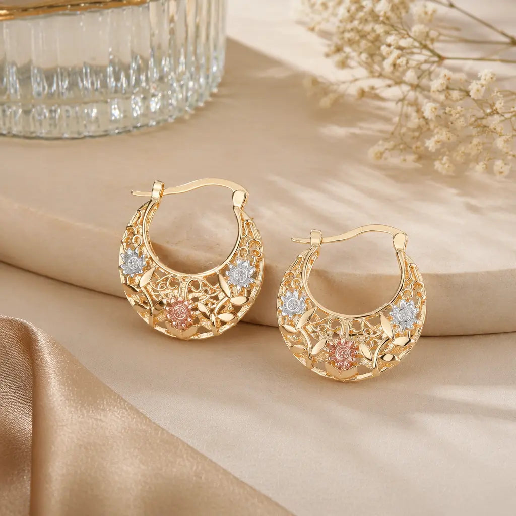 Women's Tri-Color Floral Filigree Hoop Earrings, 14K Gold Plated Vintage Hollow Flower Drop Earrings.
